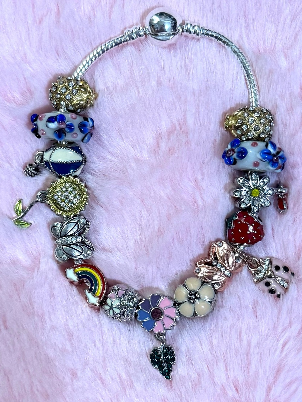 Spring Summer Hawaiian Flower Lady Bug European Charm Bracelet- Not Pandora